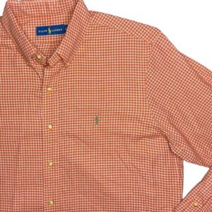 Polo Ralph Lauren Men's L Oxford Shirt 100% Cotton Orange Plaid Check Green Pony